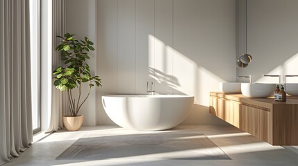 A modern minimalist bathroom with an oval freestanding bathtub in the center, large windows on one side for natural light and a wooden vanity beside it.