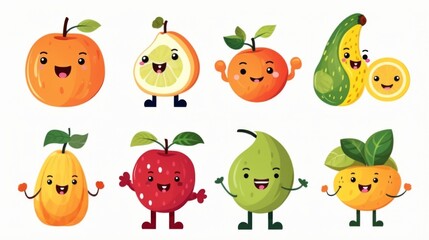 Cute illustrations of various fruits with happy faces suitable for children's themes or healthy eating
