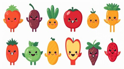Fototapeta premium Assortment of fruit characters with friendly gestures and expressions in a cartoon style