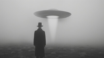 Black and white image of person watching  a beam of light from a ufo flying saucer