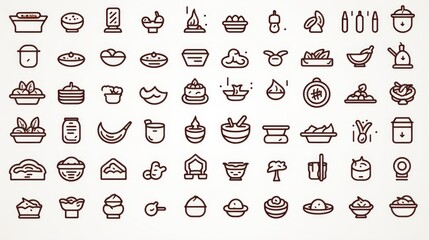 Collection of simple line icons representing various food and cooking items, suitable for menus or kitchenware