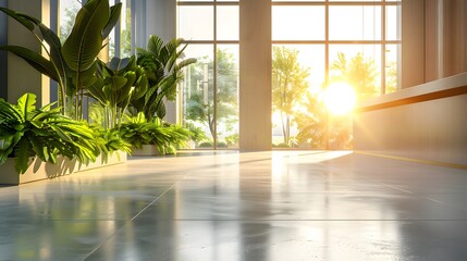 Fototapeta premium A modern office building interior with large windows, showcasing clean concrete floors and plants in the foreground.