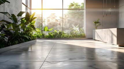 A modern office building interior with large windows, showcasing clean concrete floors and plants in the foreground.