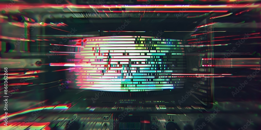 Poster creating a vintage glitch effect with retro vhs scanlines and tv static noise overlay. concept retro