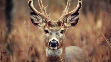 A deer with large antlers is standing in a field of tall grass