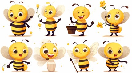 Fototapeta premium These illustrations feature a set of eight cute cartoon bees in different poses and activities, including holding flowers and a honey pot