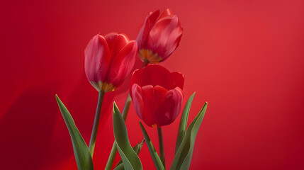 Fototapeta premium Beautiful red tulips against a red background making it perfect for the Spring and Easter season The soft pastel colors and delicate blooms evoke feelings of renewal and joy : Generative AI