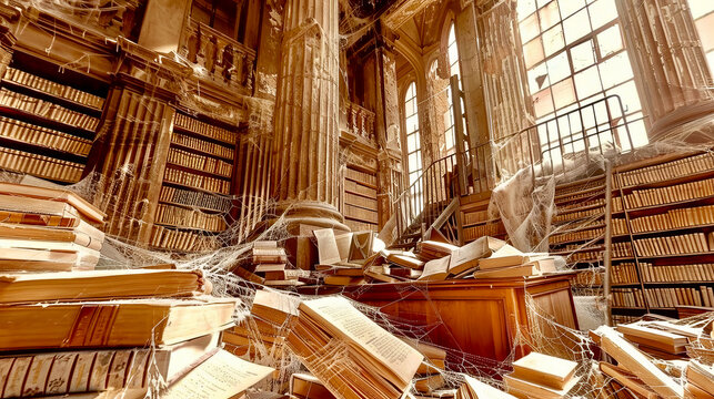 Abandoned Library Filled with Dust and Cobwebs