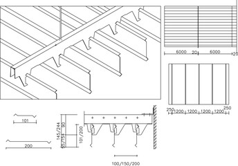 Vector silhouette illustration sketch of a detailed design of a house roof suspended ceiling construction