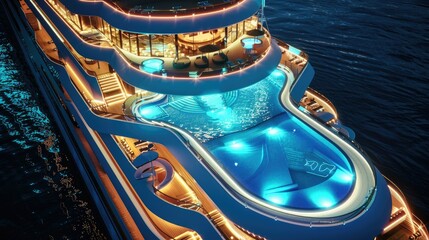 A huge luxurious cruise ship with 4 floors, at the top of the ship there is a swimming pool with a bar and water slides, an morning atmosphere and illuminated with LED lights