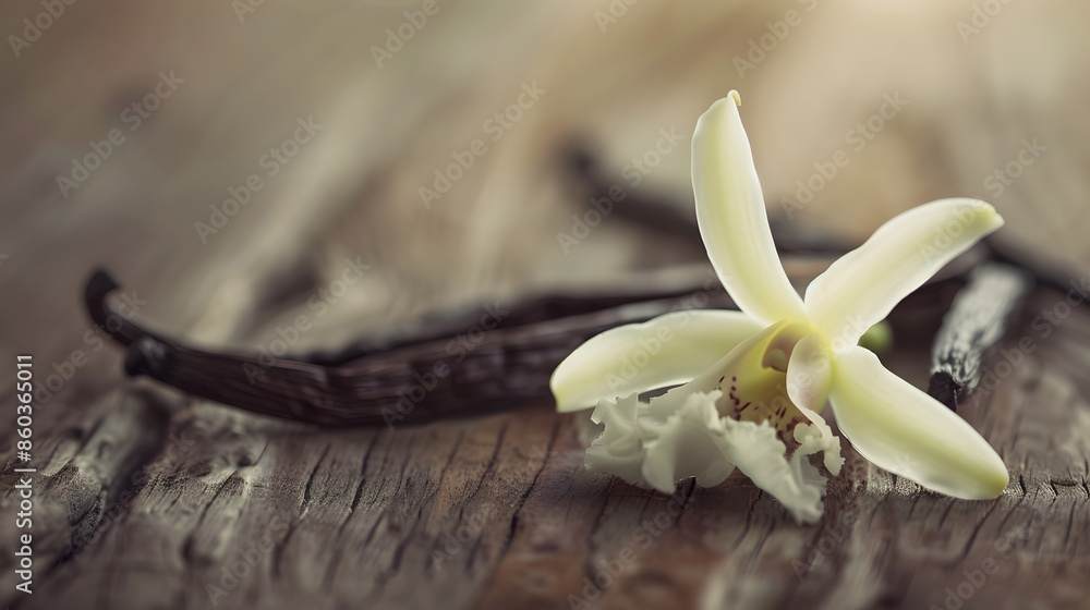 Poster vanilla flowers and pods close up vanilla beans over wooden background macro shot aromatic condiment