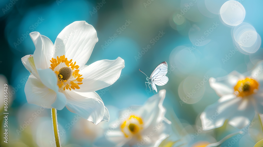 Poster Detail with shallow focus of white anemone flower with yellow stamens and butterfly in nature macro on background of blue sky with beautiful bokeh Delicate artistic image of beauty of  : Generative AI