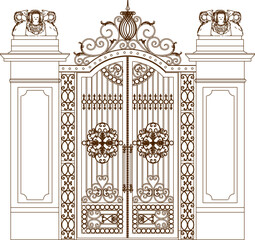 Vector silhouette illustration sketch of a detailed design of a classic vintage European style old iron fence gate 