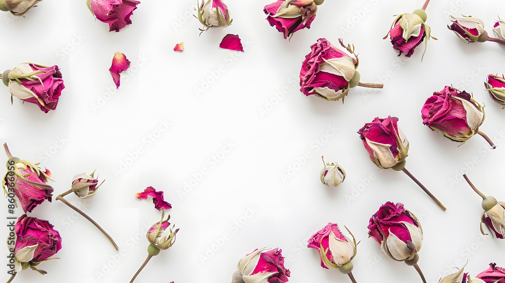 Poster flowers composition frame made of dried rose flowers on white background flat lay top view copy spac