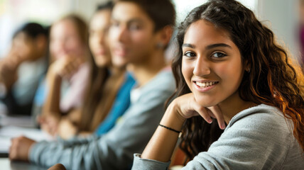 Obraz premium Smiling young woman in classroom setting with peers
