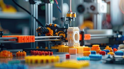 Close-up of 3D printer creating colorful plastic objects
