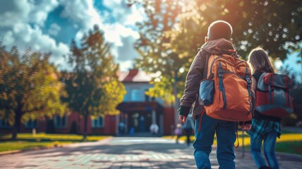 Obraz premium Two children with backpacks walking toward school on sunny day
