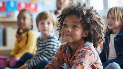 Fototapeta premium Children attentively sitting in classroom, focused on teaching