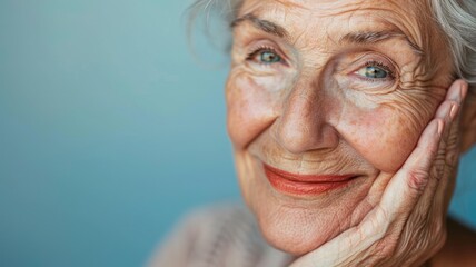 Smiling elderly woman with gray hair and bright eyes
