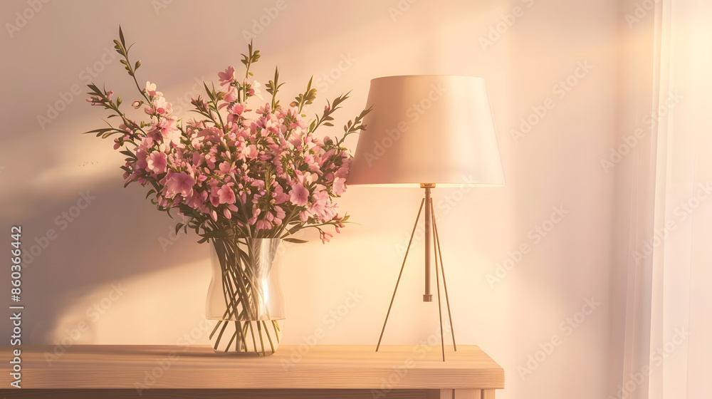 Poster cozy home desk table with lamp bunch of spring flowers in vase greeting card mockup hygge boho style