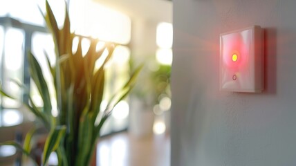 Smart home sensor with red indicator light in bright room