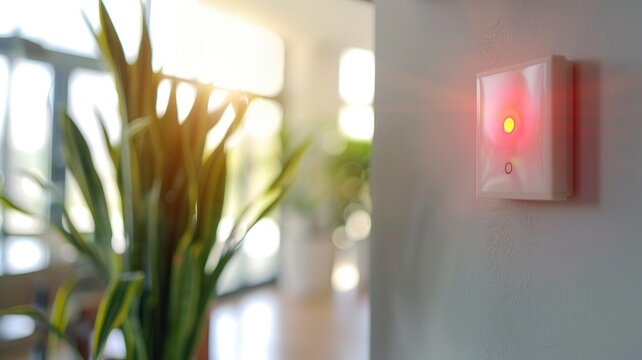 Smart home sensor with red indicator light in bright room