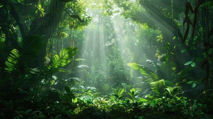 Obraz premium Sunlight filtering through lush, dense tropical forest vegetation