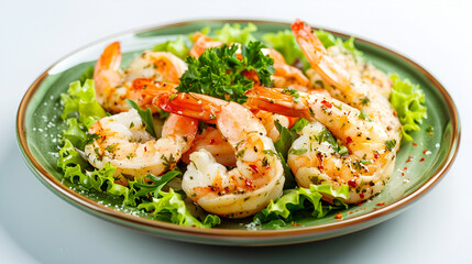 delicious shrimp salad on blue plate on white background with copy space