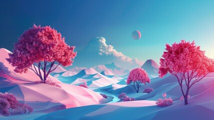 Surreal landscape with pink trees, rolling hills, and distant planet