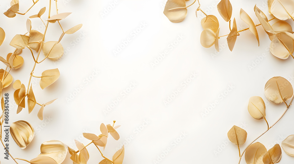 Poster Gold round frame made of gold branches eucalyptus and leaves isolated on white background lay flat top view : Generative AI