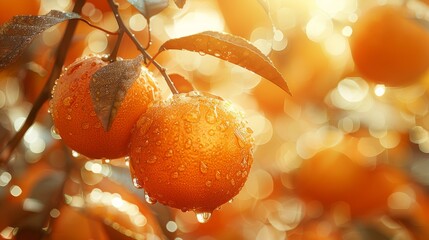An orange with raindrops hangs on a branch illuminated by the rays of the sun