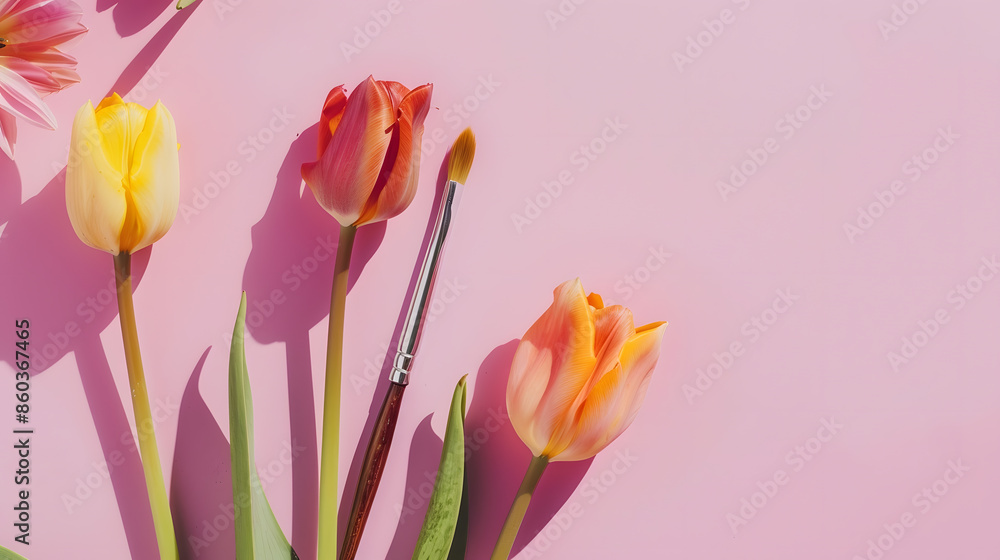 Poster creative spring concept made with paint brush and colorful tulip flowers on pastel pink background m