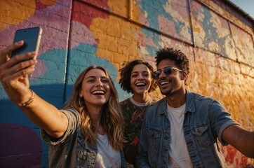 Group of young people taking selfie in front of graffiti wall
