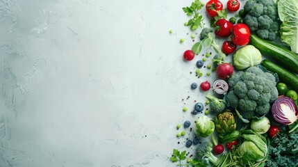 Choosing nutritious food Clean eating idea Cook with fish superfoods veggies artichokes Brussels sprouts fruits legumes and blueberries Overhead view for panoramic banner Copy space image Place.