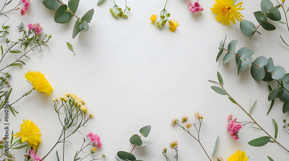 Poster flowers composition round frame made of yellow and pink flowers eucalyptus branches on white backgro