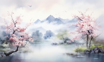 Watercolor Landscape with Blooming Cherry Trees