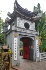 Hanoi, Vietnam - 9 Feb, 2024: Bridge to Ngoc Son Temple on an islet in Hoan Kiem Lake, Hanoi, Vietnam