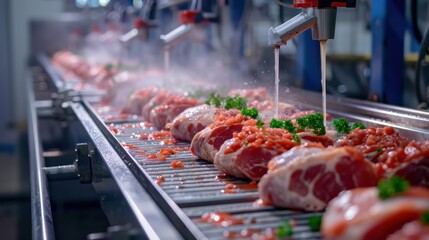 The production line in the food factory specializes in the manufacturing of meat-based food products.