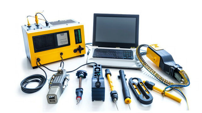 Non-Destructive Testing (NDT) Equipment: Includes methods like ultrasonic testing and eddy current testing to detect defects in aircraft structures isolated on white background