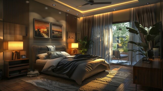 288. Modern bedroom with a bed, lamps, and stylish decor