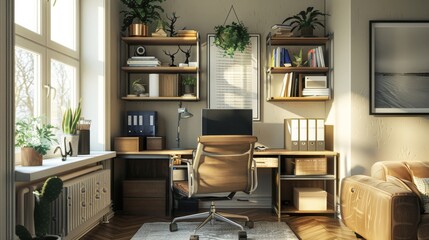 285. Home office with a desk, computer, and shelves