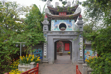 Hanoi, Vietnam - 9 Feb, 2024: Bridge to Ngoc Son Temple on an islet in Hoan Kiem Lake, Hanoi, Vietnam