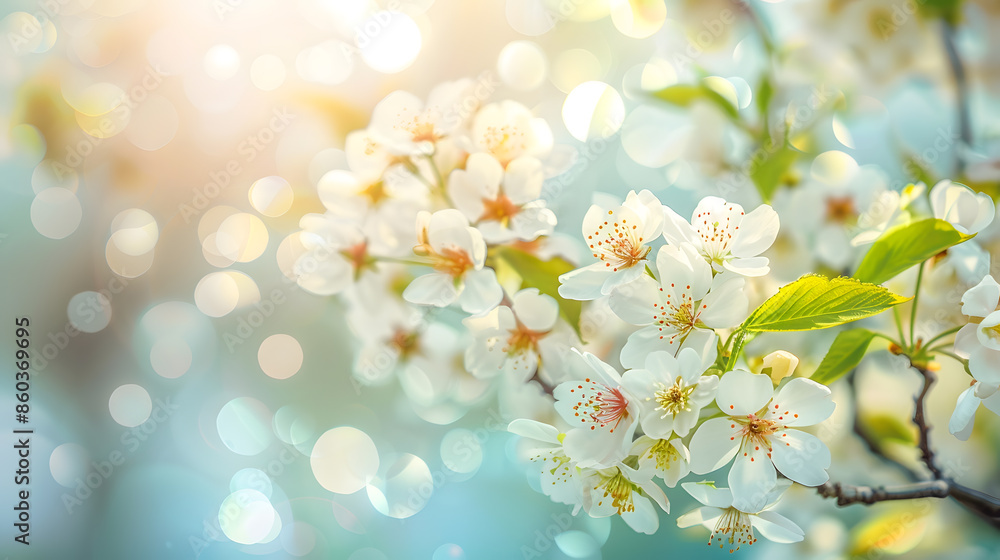 Aufkleber Branches of blossoming cherry macro with soft focus on gentle light blue sky background in sunlight with copy space Beautiful floral image of spring nature panoramic view : Generative AI