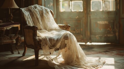 Vintage armchair draped with lace in a sunlit, rustic room with antique wooden doors creating an atmosphere of nostalgia and elegance.