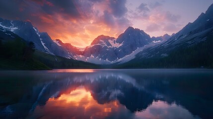 A tranquil mountain lake at dawn, with the first light of day casting a golden hue on the water's surface and the surrounding peaks.