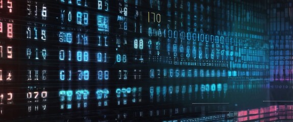 An abstract digital background with binary code and AI algorithms running in the background