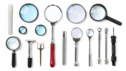 Visual Inspection Tools: Includes mirrors, magnifying glasses, and flashlights for visual inspection of hard-to-reach areas isolated on white background