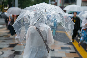 雨の原宿を歩く女性の後ろ姿