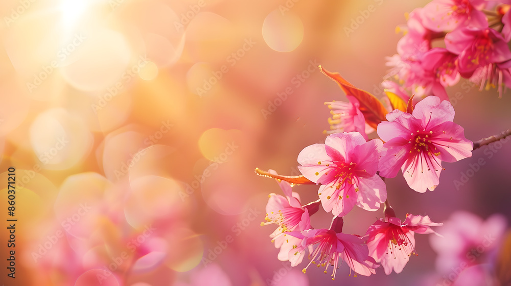 Poster horizontal banner with sakura flowers of pink color on sunny backdrop beautiful nature spring backgr