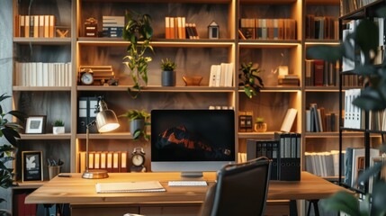 261. Home office with a computer, desk lamp, and organized shelves